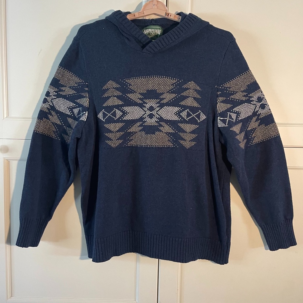 American Eagle Mens XXL Navy Blue Southwestern Geometric Hooded Knit Sweater